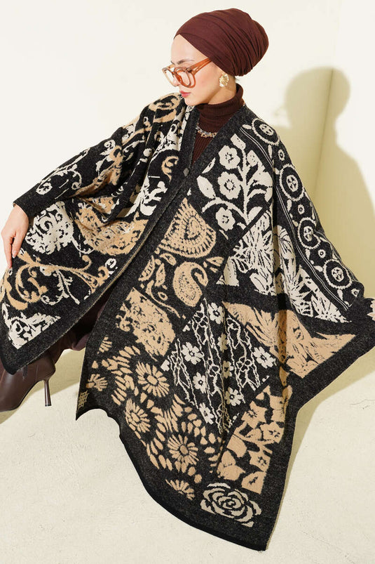 Mixed Patterned Poncho Black