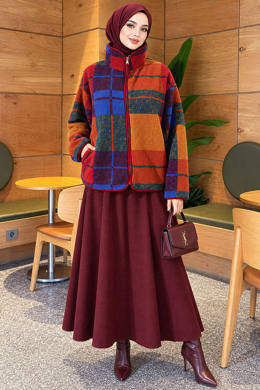Mixed Pattern Fuzzy Coat With Checkered Design