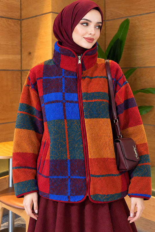 Mixed Pattern Fuzzy Coat With Checkered Design
