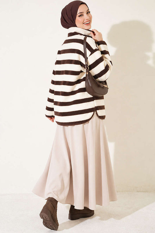 Karışık Desenli Peluş Ceket Ekru