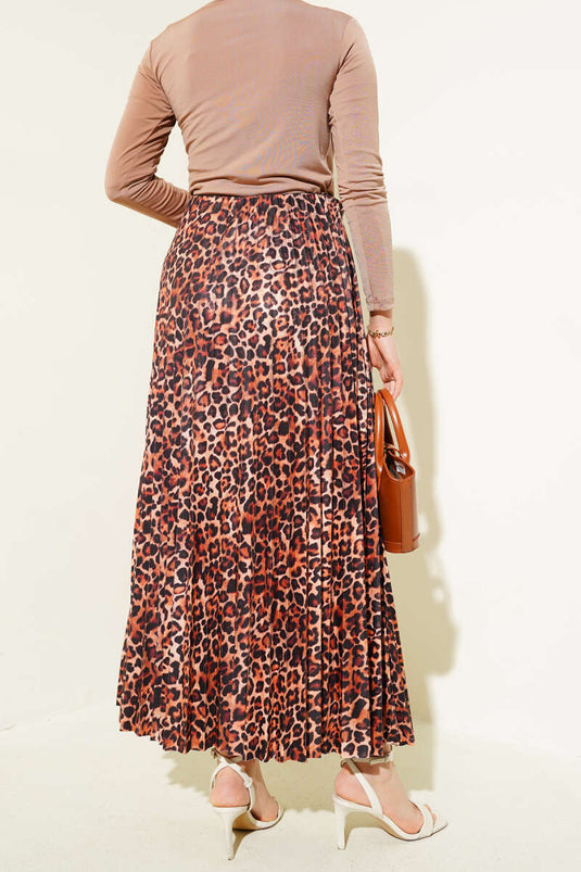 Mixed Pattern Pleated Skirt Camel