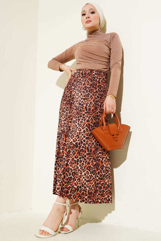 Mixed Pattern Pleated Skirt Camel