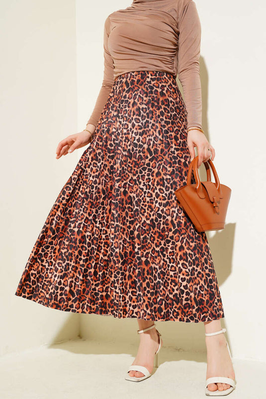 Mixed Pattern Pleated Skirt Camel