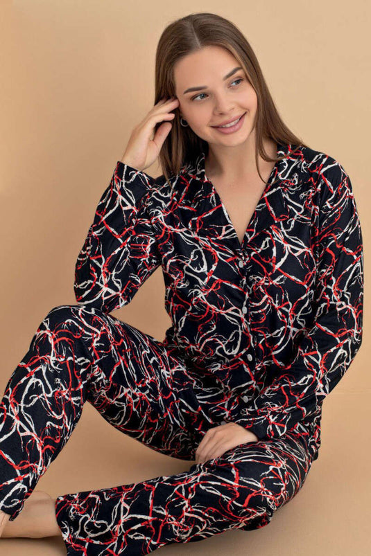 Karışık Desenli Süet Pijama Takımı Siyah Kırmızı
