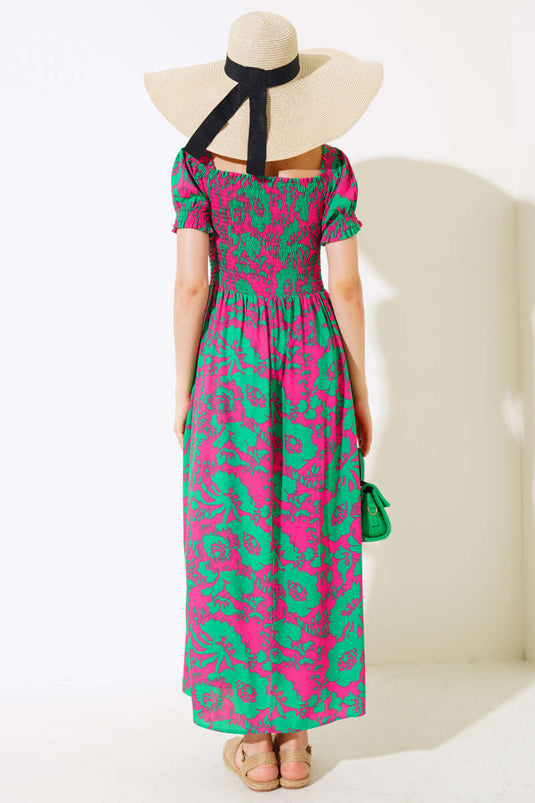 Robe tissée en viscose à motifs variés vert fuchsia