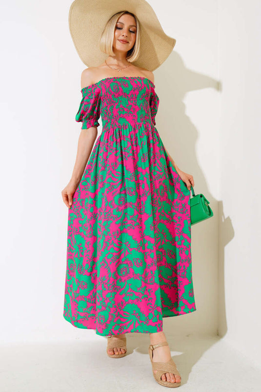 Robe tissée en viscose à motifs variés vert fuchsia