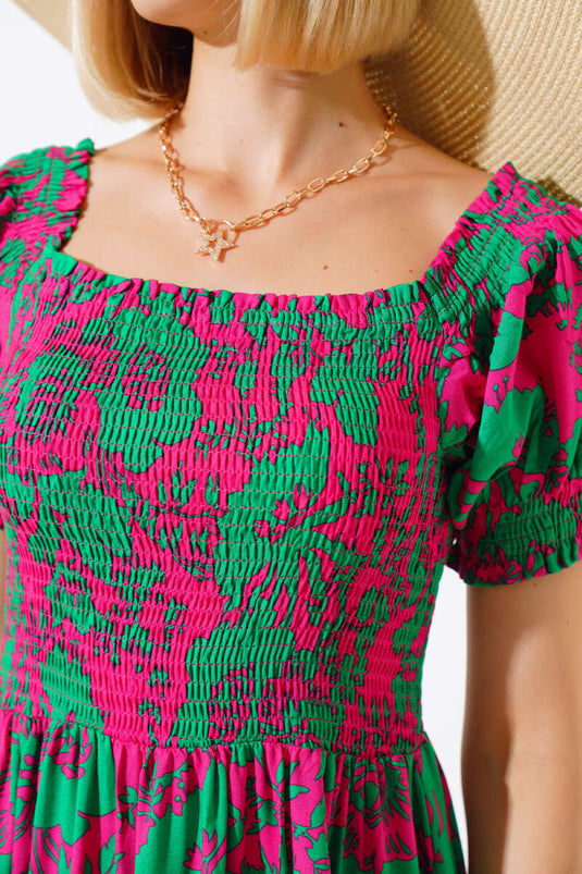 Robe tissée en viscose à motifs variés vert fuchsia