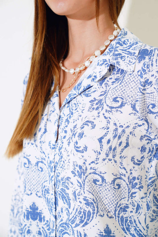 Chemise Viscose Motifs Mixtes Bleu