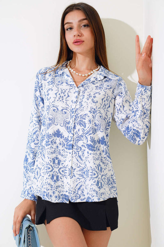 Chemise Viscose Motifs Mixtes Bleu