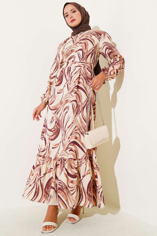 Mixed Patterned Flounce Belted Dress Brown