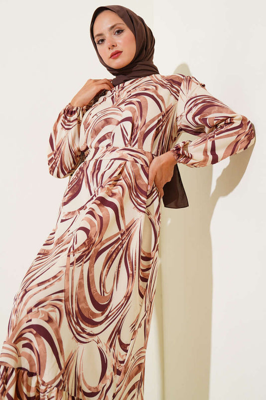 Mixed Patterned Flounce Belted Dress Brown