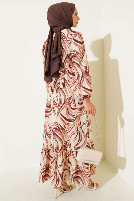 Mixed Patterned Flounce Belted Dress Brown