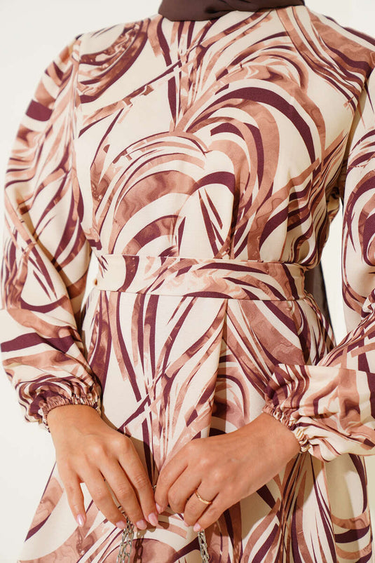 Mixed Patterned Flounce Belted Dress Brown