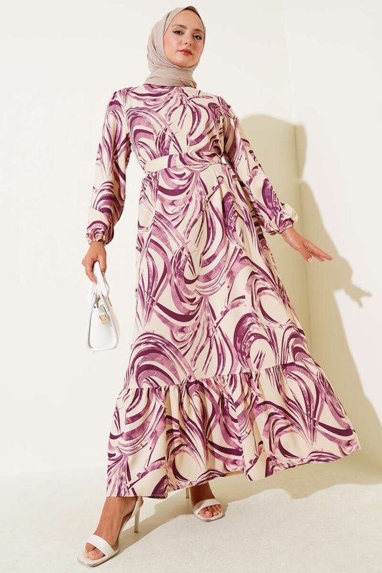 Mixed Patterned Flounce Belted Dress, Plum