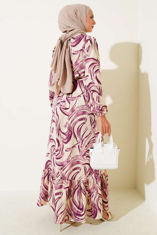 Mixed Patterned Flounce Belted Dress, Plum