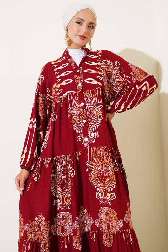 Viskosekleid mit gemischtem Muster und halben Knöpfen, Burgunderrot