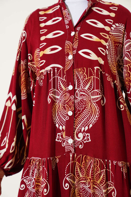 Viskosekleid mit gemischtem Muster und halben Knöpfen, Burgunderrot