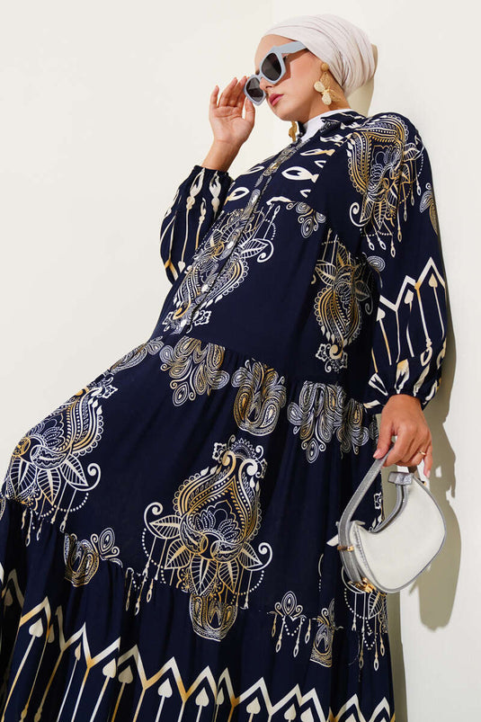 Mixed Patterned Half Buttoned Viscose Dress Navy Blue