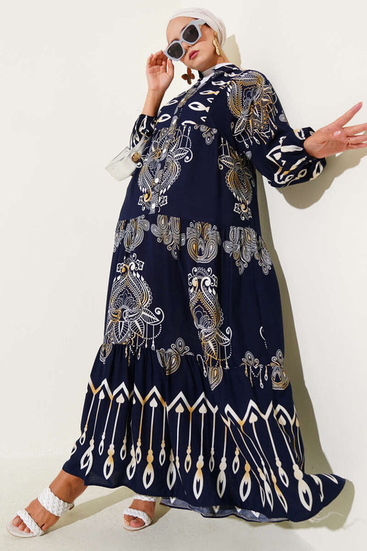 Mixed Patterned Half Buttoned Viscose Dress Navy Blue