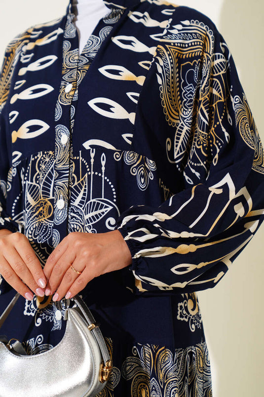 Mixed Patterned Half Buttoned Viscose Dress Navy Blue
