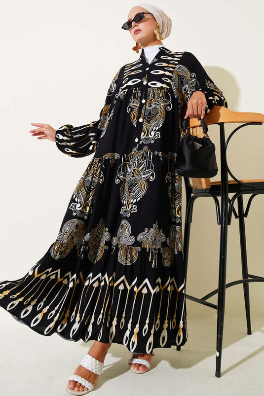 فستان فيسكوز أسود بنصف أزرار ونقوش مختلطة