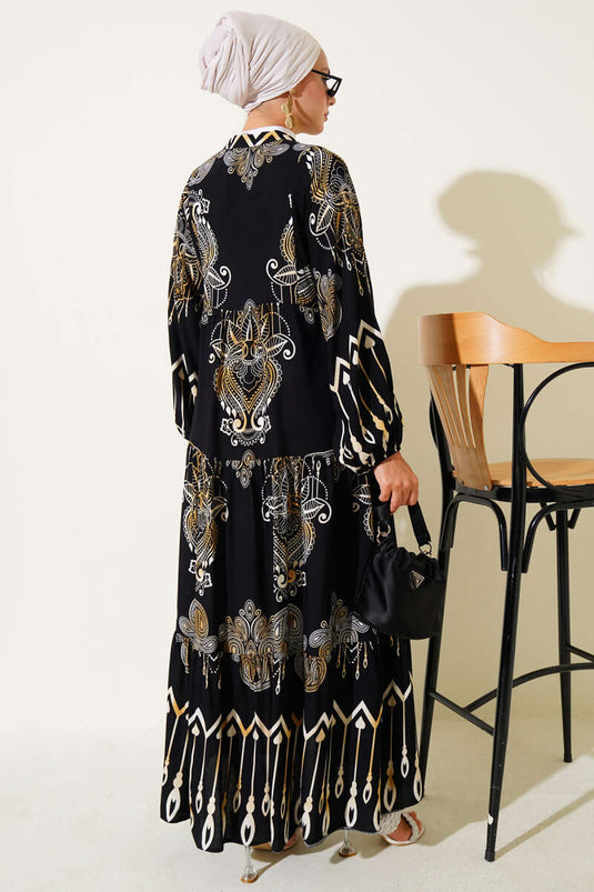 فستان فيسكوز أسود بنصف أزرار ونقوش مختلطة