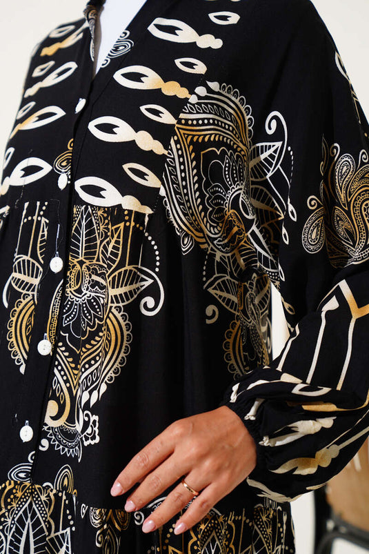 فستان فيسكوز أسود بنصف أزرار ونقوش مختلطة