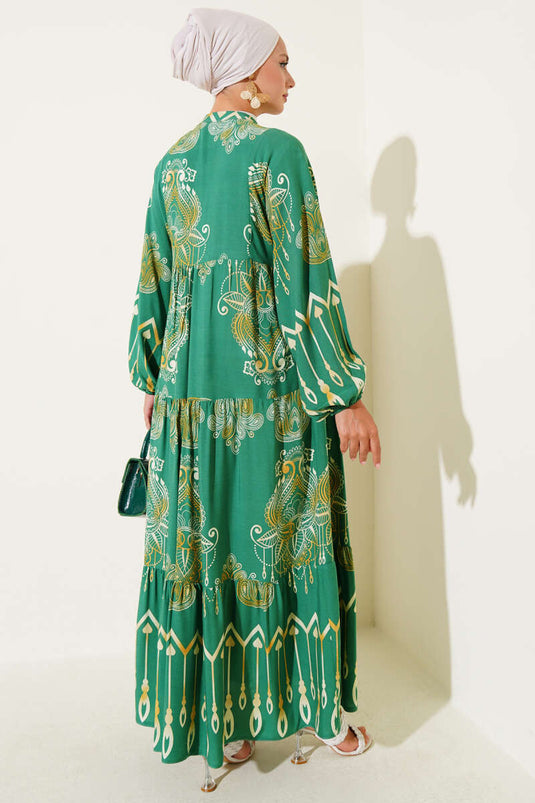 Mixed Patterned Half Buttoned Viscose Dress Green