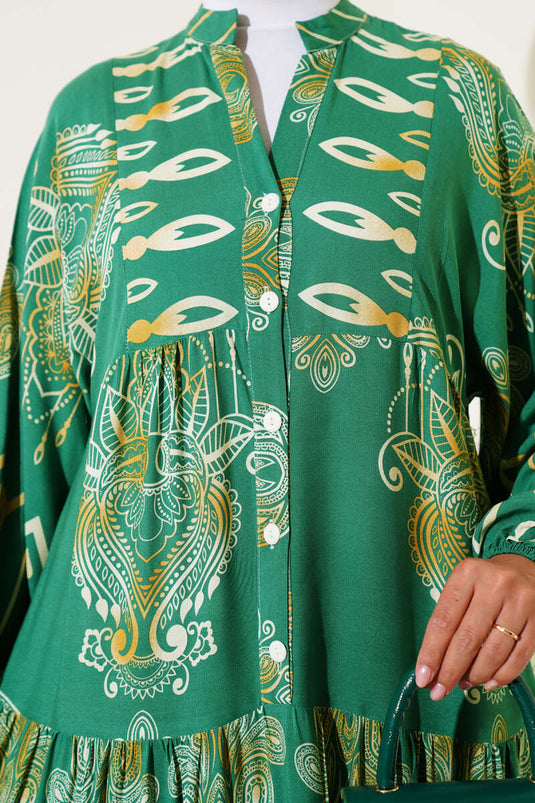 Mixed Patterned Half Buttoned Viscose Dress Green