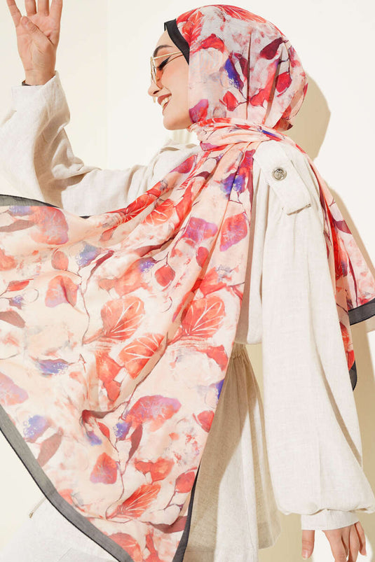 Karışık Yaprak Desenli Şal Siyah Kırmızı