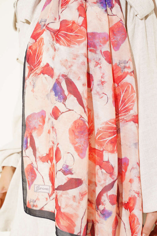 Karışık Yaprak Desenli Şal Siyah Kırmızı