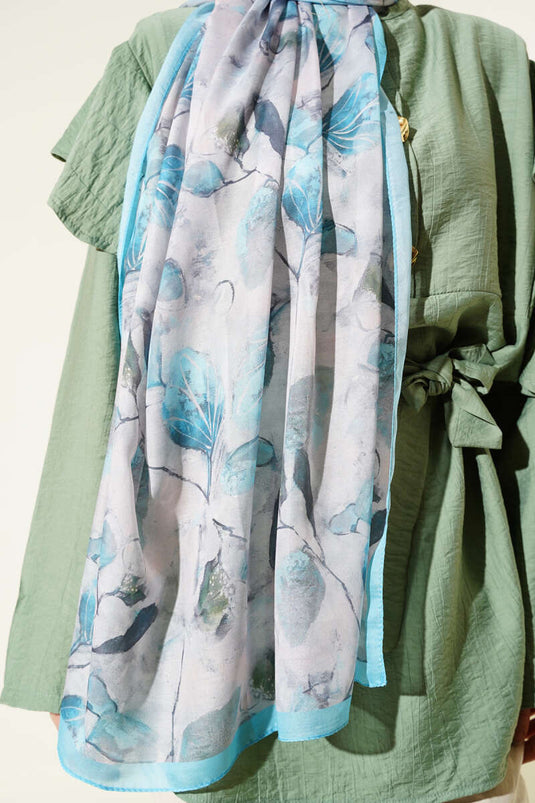 Karışık Yaprak Desenli Şal Turkuaz