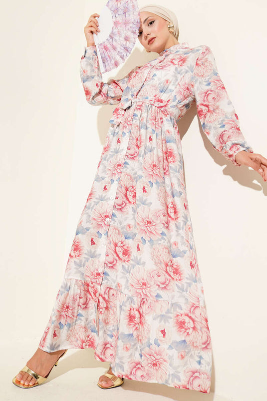 Karmaşık Çiçek Desenli Elbise Mavi