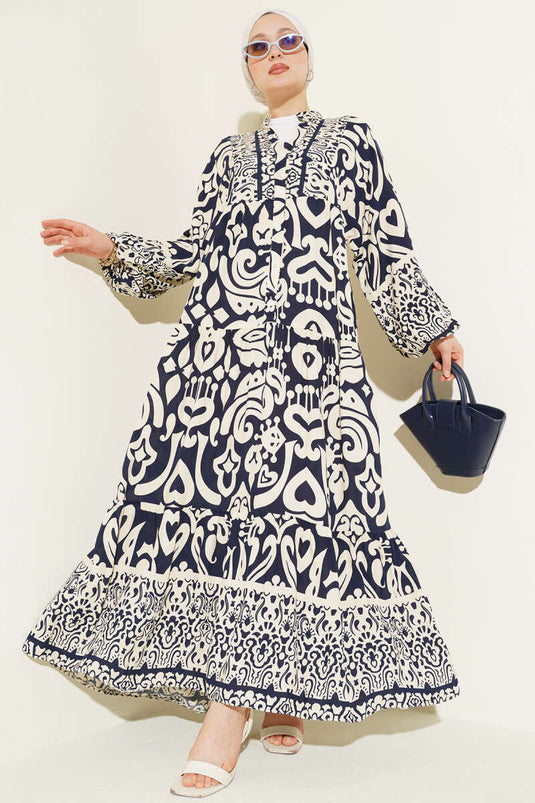 Komplex gemustertes Kleid mit V-Ausschnitt, marineblau