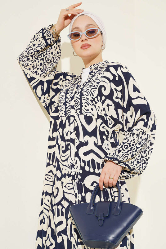 Komplex gemustertes Kleid mit V-Ausschnitt, marineblau