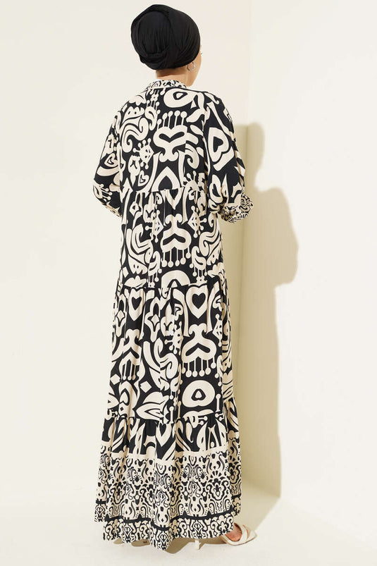 Complex Patterned V-Neck Dress, Black