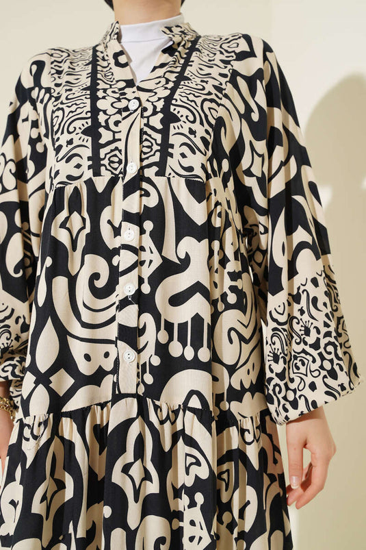 Complex Patterned V-Neck Dress, Black