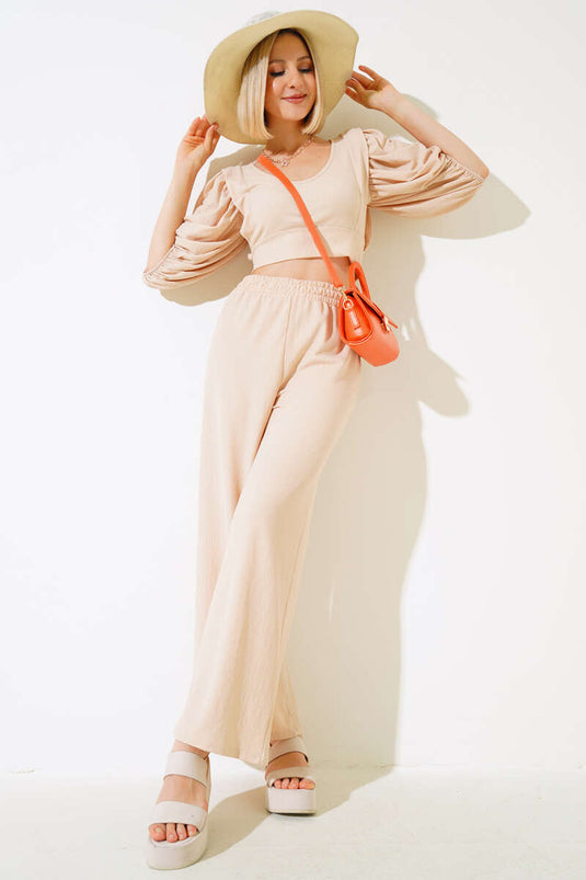 Ensemble deux pièces beige à manches pastèque