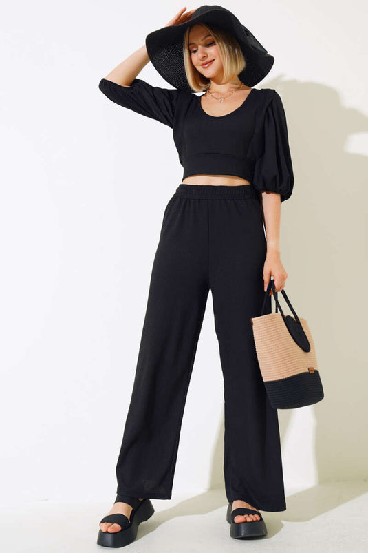 Watermelon Sleeve Two Piece Suit Black