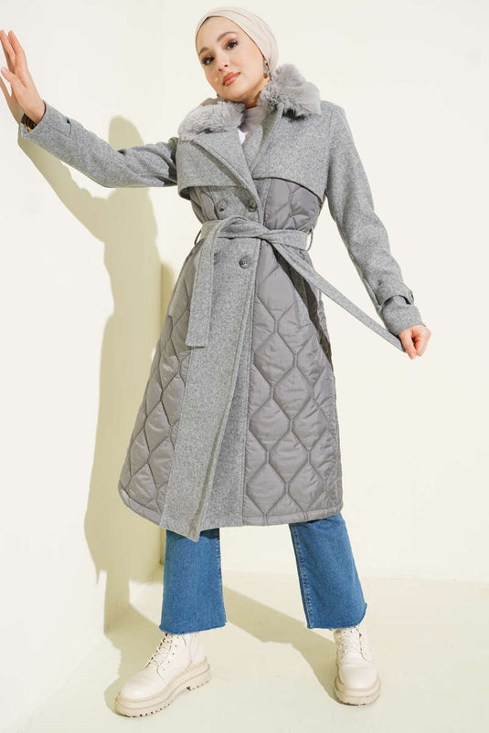 Grey Quilted Coat with Fur Collar and Cashmere Detail