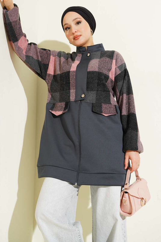 Zippered Cardigan with Cashmere Garnish, Smoked