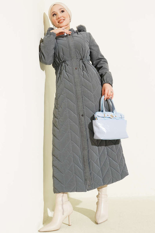 Quilted Long Coat with Hood and Cachet Garnish, Gray