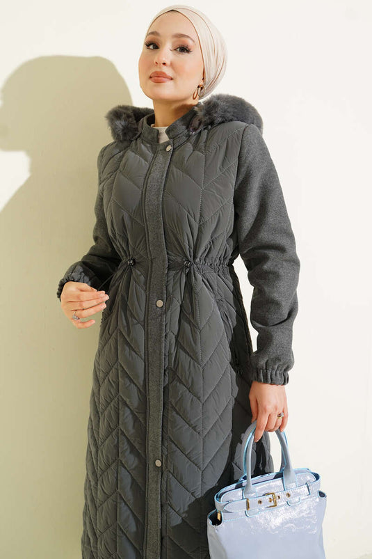 Quilted Long Coat with Hood and Cachet Garnish, Gray