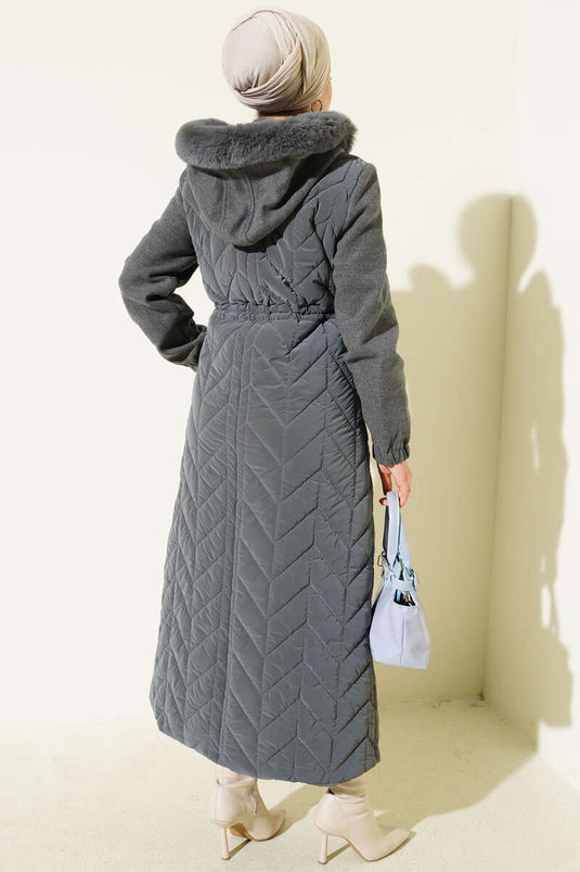 Quilted Long Coat with Hood and Cachet Garnish, Gray