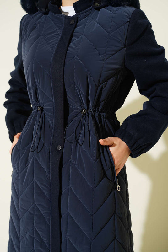 Quilted Long Coat with Hood and Cashmere Garnish, Navy Blue