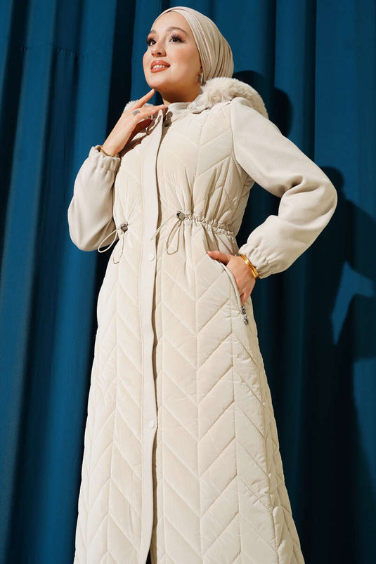 Quilted Long Coat with Hood and Stamped Garnish Stone