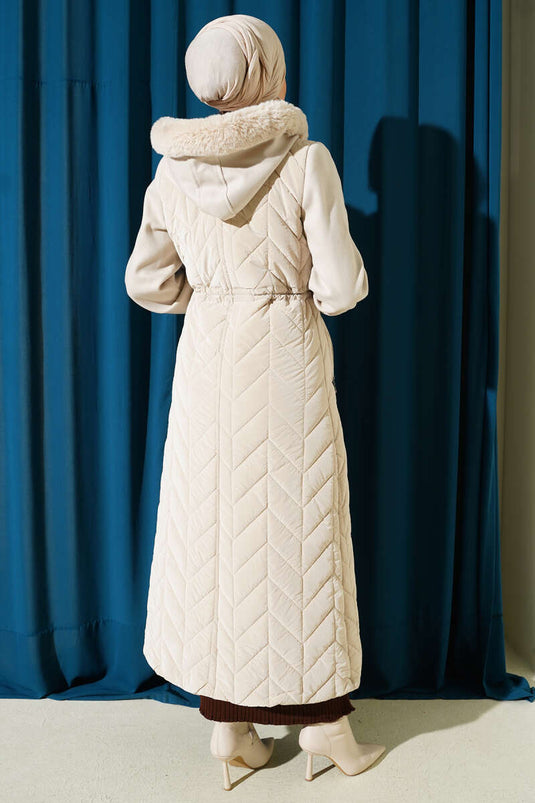 Quilted Long Coat with Hood and Stamped Garnish Stone