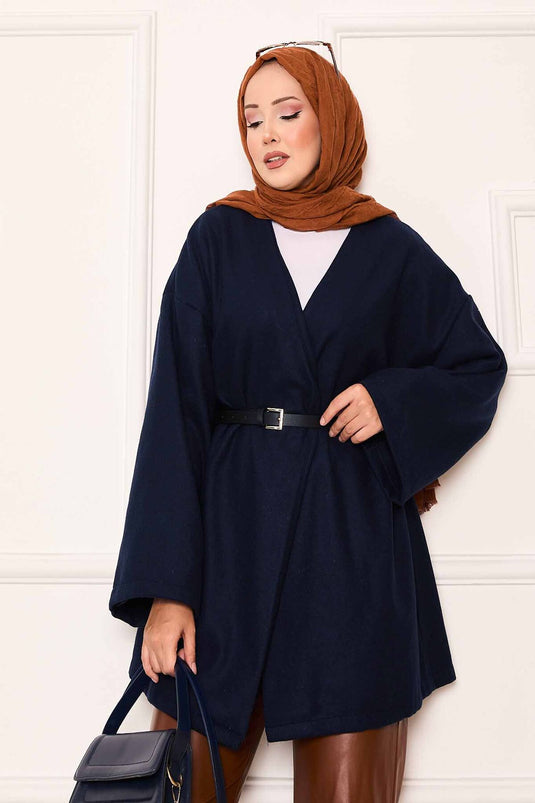 معطف أنيق كبير الحجم من قماش الكشمير باللون الأزرق الداكن