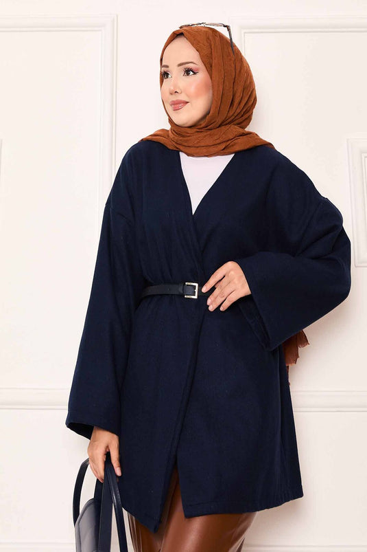 معطف أنيق كبير الحجم من قماش الكشمير باللون الأزرق الداكن