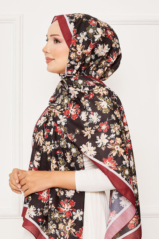 Scialle Hijab con motivo a crisantemo, bordeaux